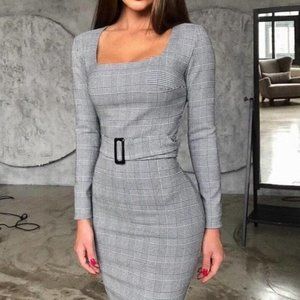 Gray Grid Belted Long Sleeve Midi Dress